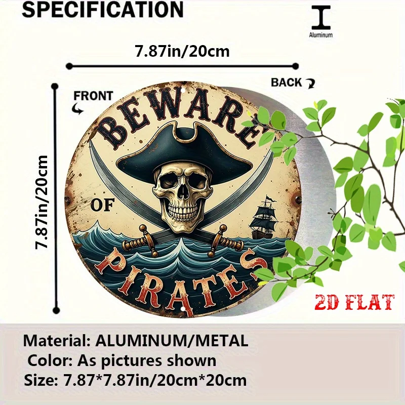 2D Flat, 1pc Nautical Pirate Skull & Crossbones Round Aluminum Sign - Rustic Metal Wall Art, 19.99x19.99 cm, Weathered Blue & Wh