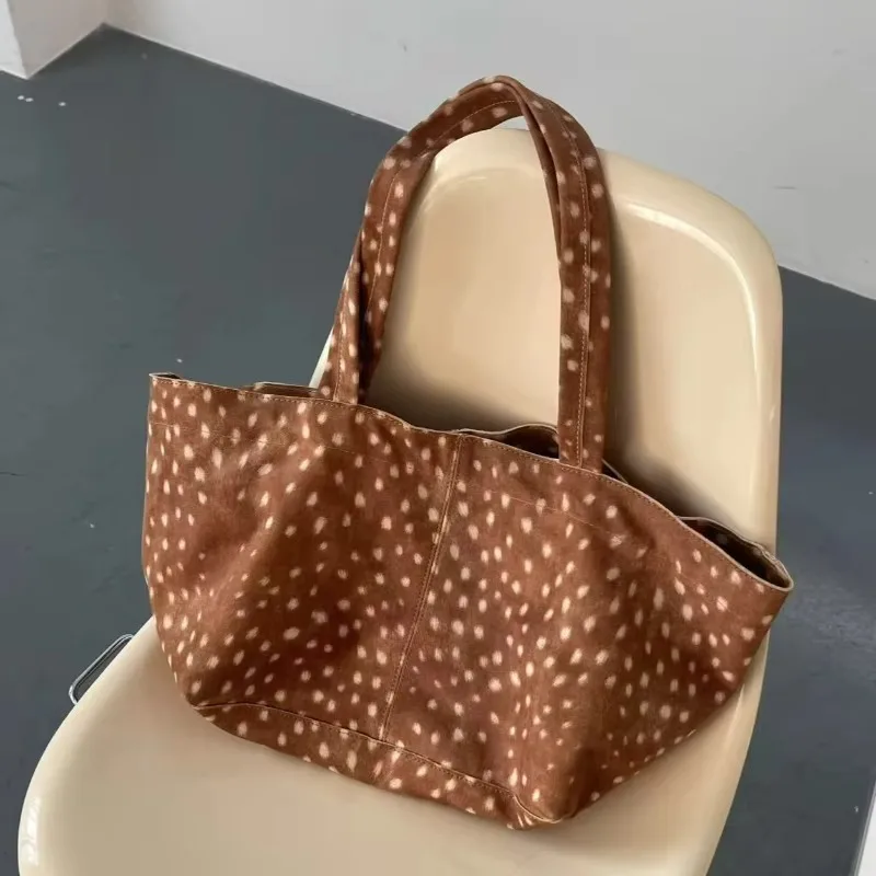 Vintage Deer Spot Print Tote Bag Large Capacity Soft Suede Texture Shoulder Bag Casual Commuter Shopping Handbag