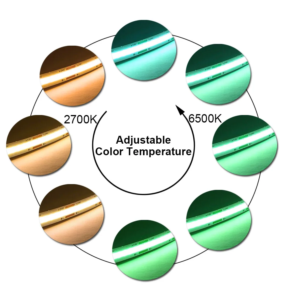 CCT światło pasek COB LED 1-10M 608/624 Led/m o dużej gęstości elastyczne przyciemniane FOB taśma LED 2700K do 6500K zmienne oświetlenie 24V