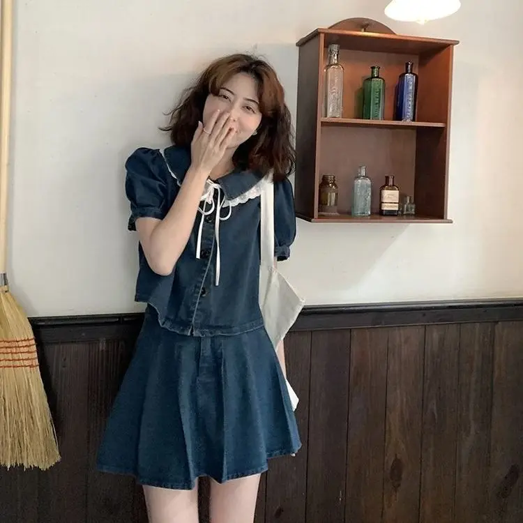 

2024 Summer New Women Two Piece Skirt Sets Denim Outfits Korean Fashion Short Sleeve Shirts Tops + High Waist A Line Mini Skirt