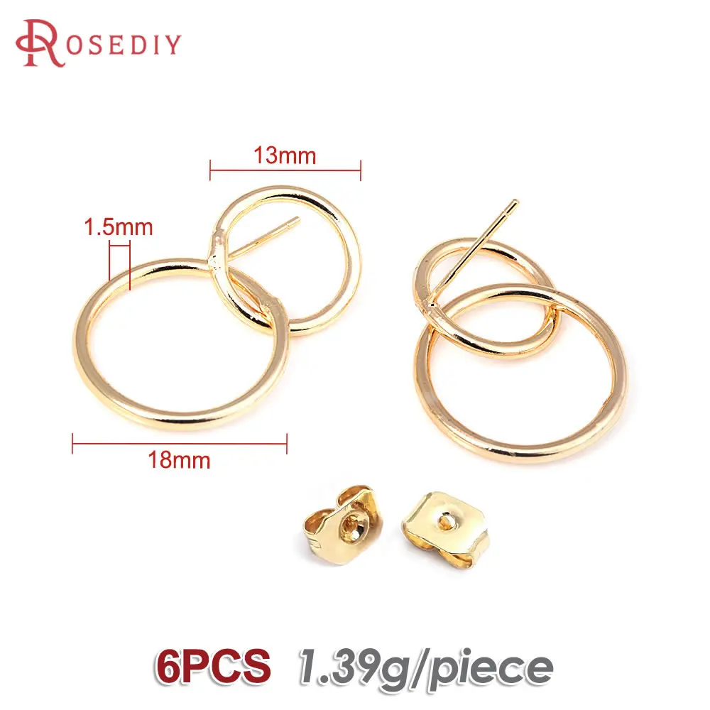 6PCS 18K Gold Color Brass Double Connected Circel Stud Earrings Pins Earrings High Quality Jewelry Making Accessories for Women