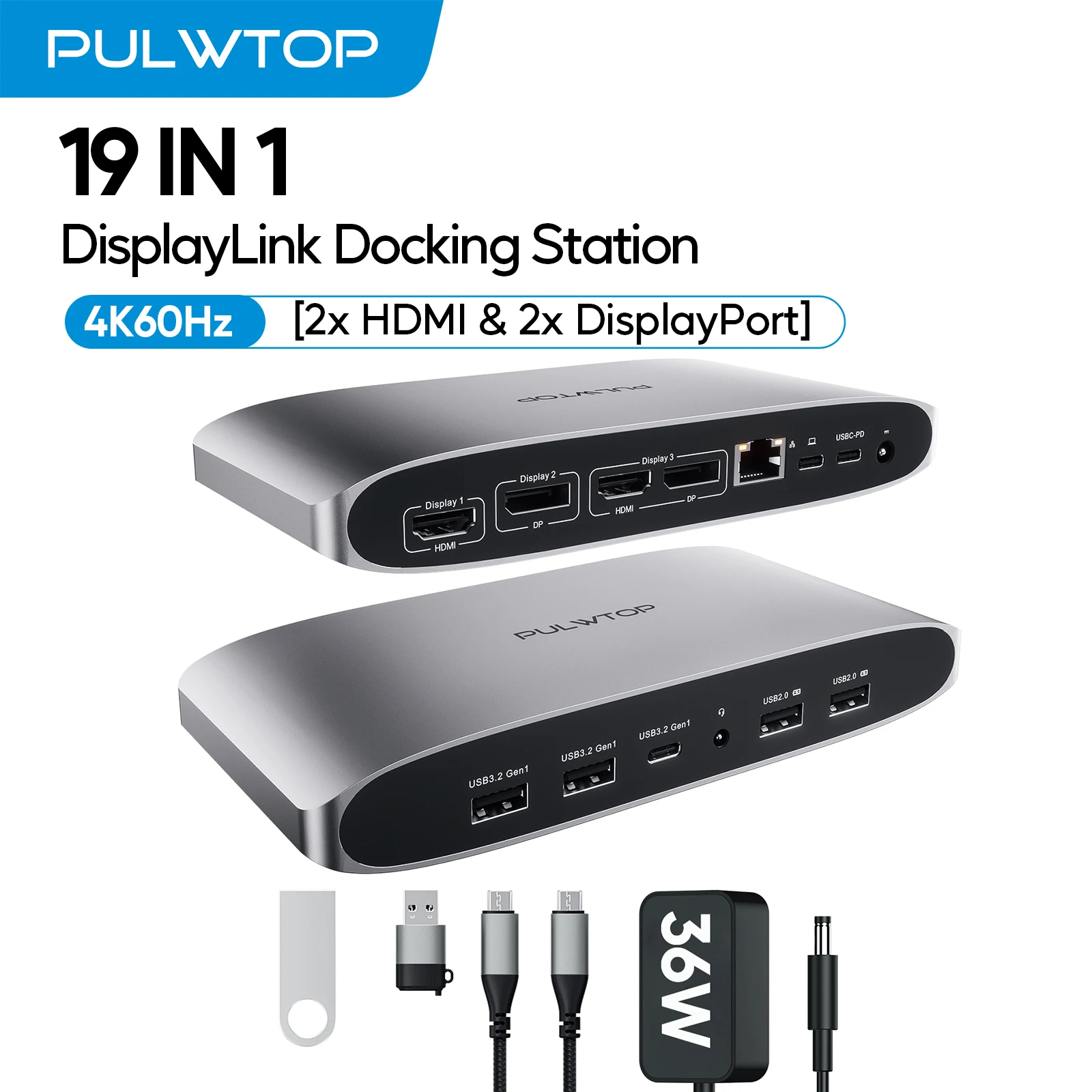PULWTOP Displaylink Docking Station, Triple Display DisplayLink Dock  with 4K@60Hz 2 HDMI, 2 Display Port, PD, USB A/C, Ethernet