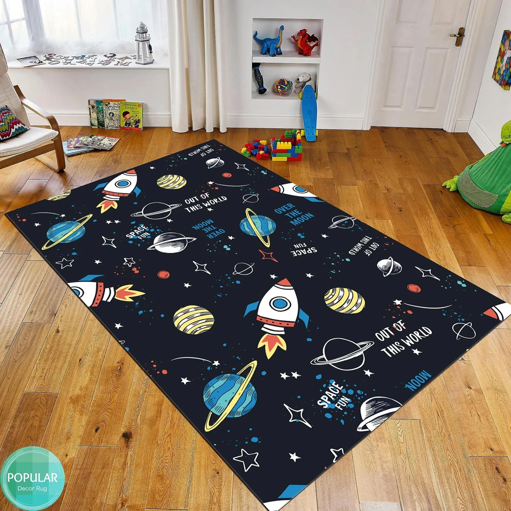 Cartoon Space Rocket Planet Rug Cute Solar System Print Non Slip Carpet for Playroom Bedroom Home Decor