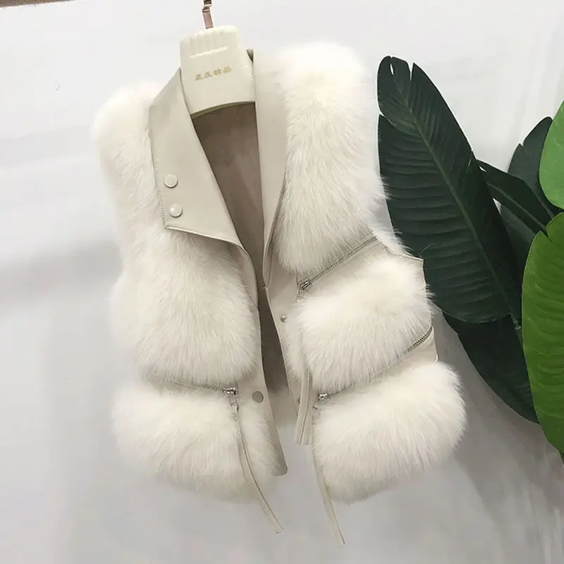 Women's Faux Fur Sleeveless Vest PU Splice Lapel Button Decor Cropped Gilet Versatile Commute Office Street Daily Wear Waistcoat