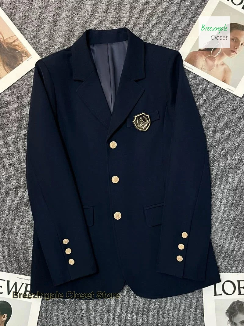 Korean navy blue design sense college wind suit jacket women's spring and autumn new fashion temperament popular top.