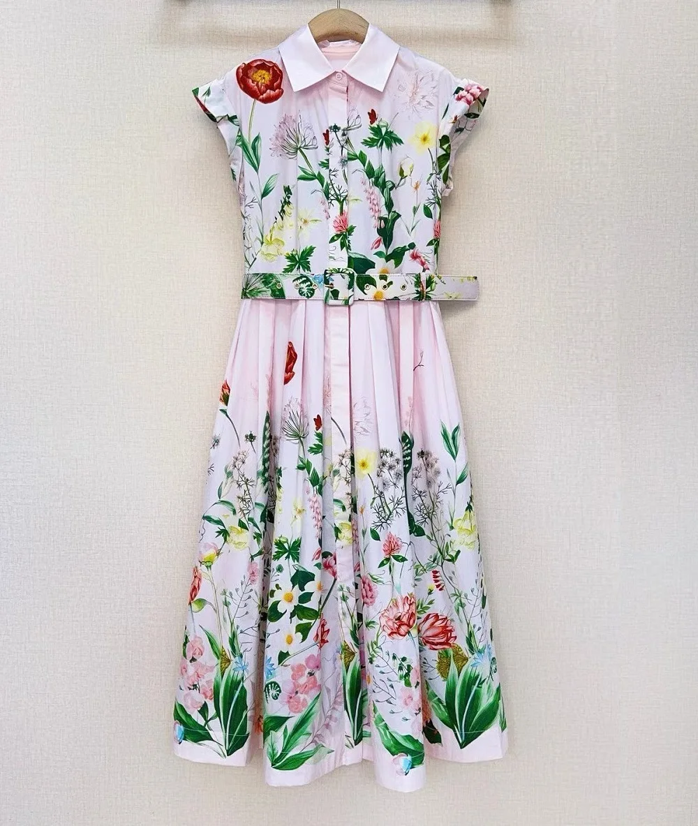 Luxury Dress 2026 Summer Style Women Turn-down Collar Green Leaves Floral Print Pocket Deco Sleeveless Mid-Calf Pink Dress