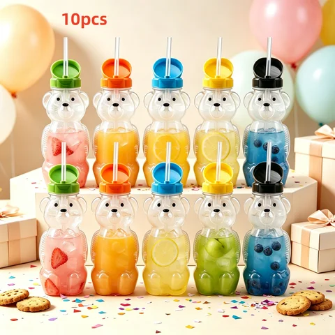 10 Pack Honey Bear Reusable Straw Cups, Random Color Kids Cups for Party Picnic Daily Use