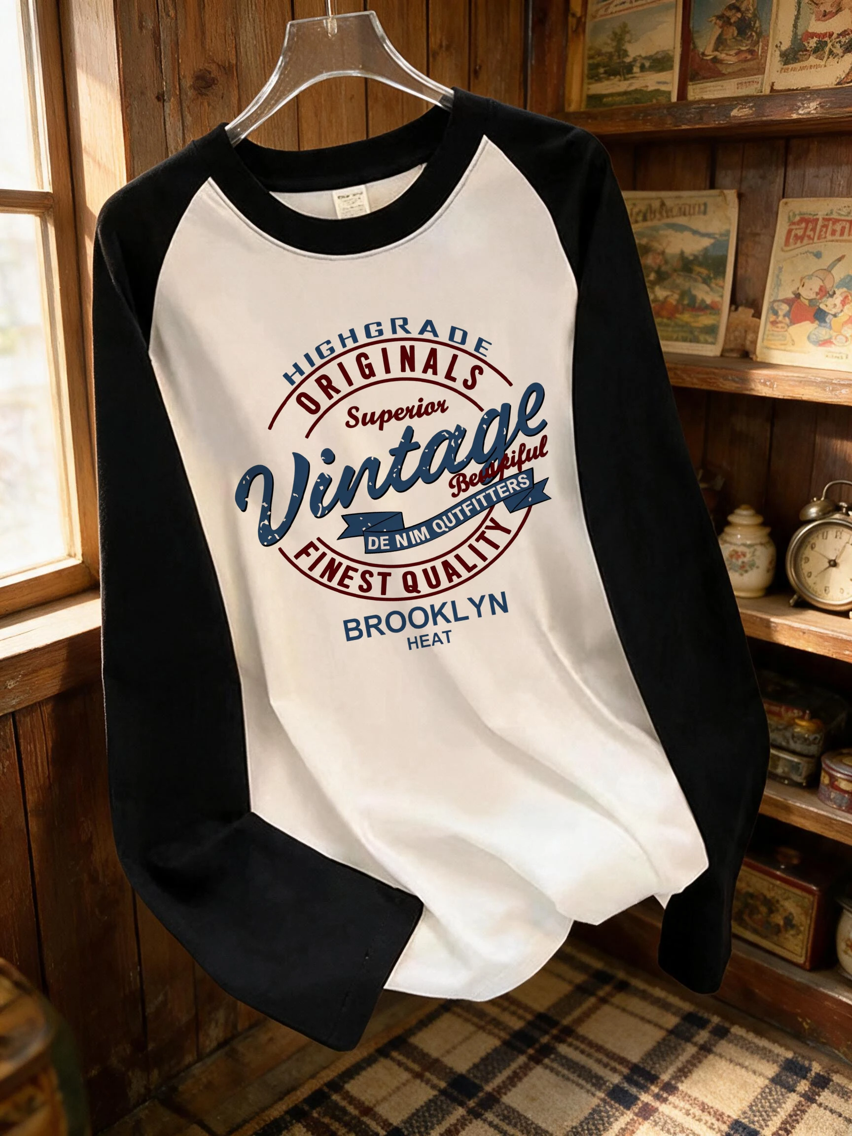 Vintage Fashion Retro Outfit - レッドブルレタートレンディプリントラグランスリーブ長袖トップス女性のカジュアルヴィンテージレトロスタイル Tシャツ服衣装女性 90 年代