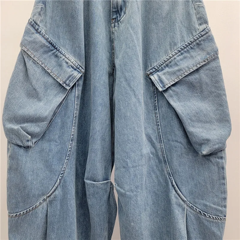 ANJY Otoño Invierno nuevas mujeres moda americana lavado multibolsillo Cargo Jeans moda suelta Chic marea pantalones vaqueros de pierna ancha A16380