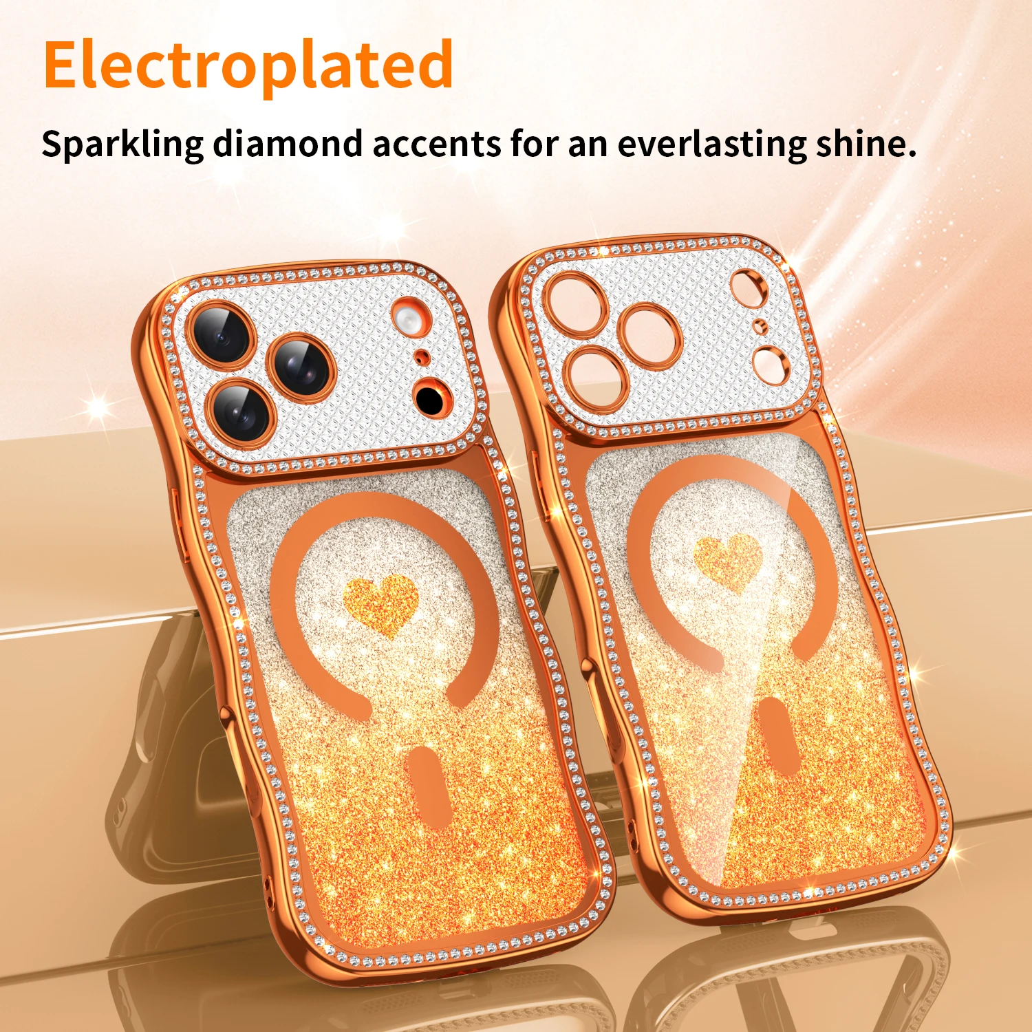 Electroplating TPU Cover For iPhone 17 Pro Max Air 14 15 16 Plus Pro Max Case Clear Heart Glitter Wavy Magnetic Shockproof Shell