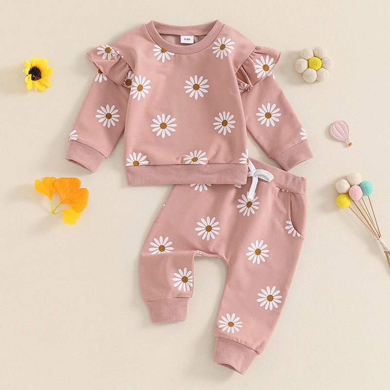 SUNSIOM Toddler Girl Fall Outfit Daisy Print Long Sleeve Sweatshirt Tops with Elastic Waist Pants 2 Pcs Casual Set