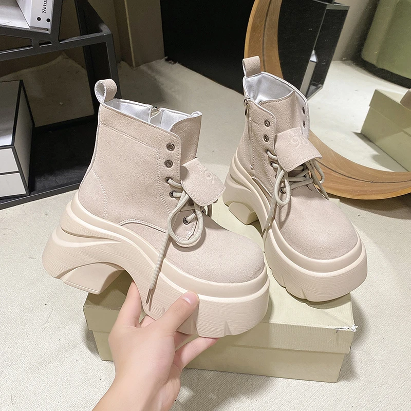 

New Women High Platform Ankle Boots Autumn Winter Chunky Punk Shoes Sneakers Woman Suede Leather Motorcycle Boots Mujer 9.5CM