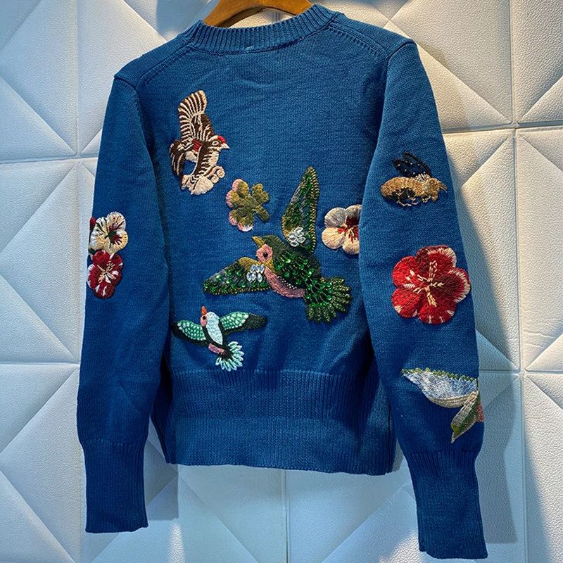 Runway Luxury Sweater Women Embroidered Sequin Beaded Rhinestone Flower Bird O-Neck Sweater Blue Pink Clothes Spring New