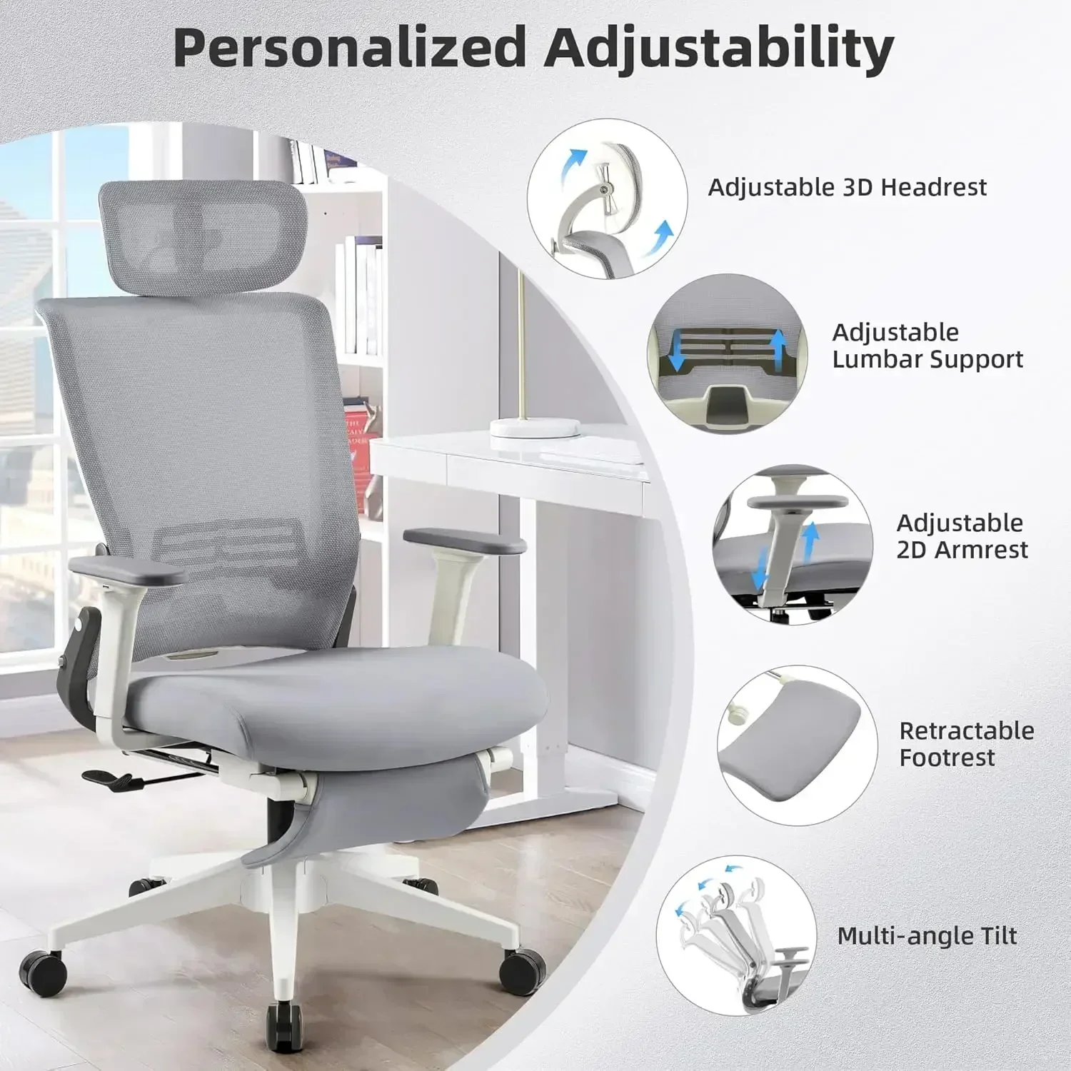 [Free Shipping, New Arrival!]Foldable Office Chair with Foot Rest, Ergonomic Office Chair with Adjustable Lumbar Support, Headre
