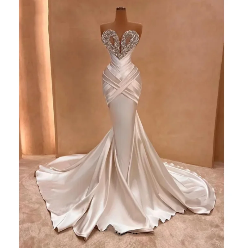 Long White Evening Dresses Luxury Sweetheart Beaded Rhinestones African Fashion Prom Gown for Wedding Party  Robe De Mariée