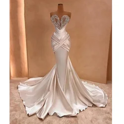 Long White Evening Dresses Luxury Sweetheart Beaded Rhinestones African Fashion Prom Gown for Wedding Party  Robe De Mariée