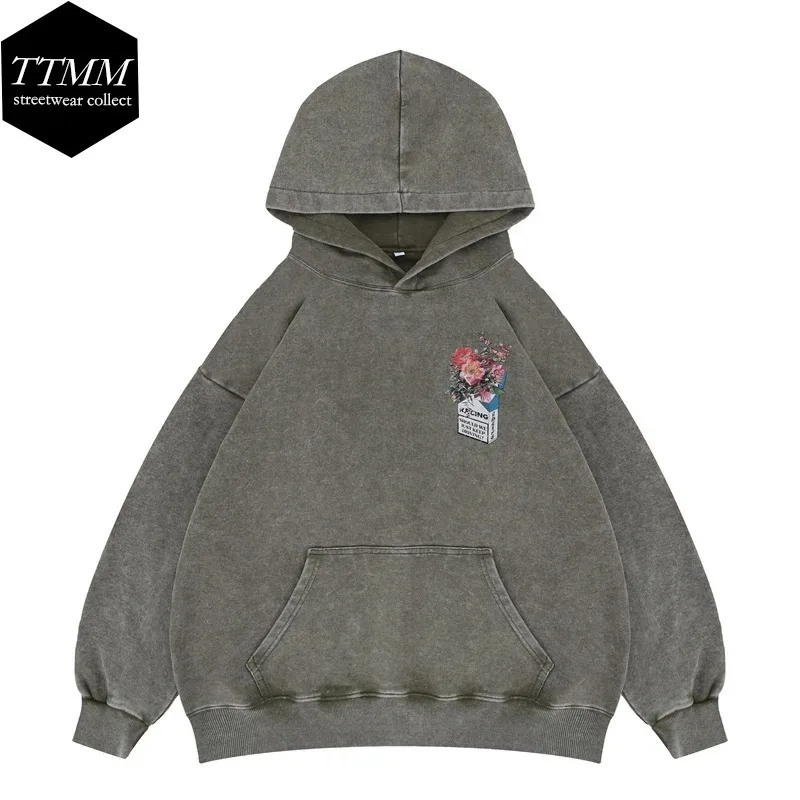 Men's 2025 Autumn/Winter New Product Trendy Brand Flower Printed Vintage Hoodie