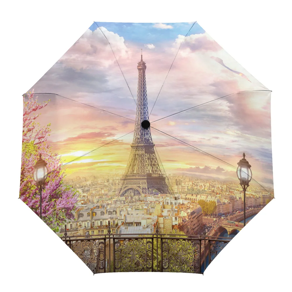 Paris Tower Flowers House Building Creative Umbrella Rain Women Non Automatic Three Folding Umbrellas Windproof Parasol