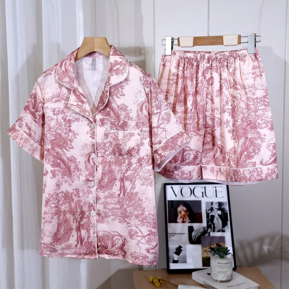 

Summer Suit Ice Silk Home Suit for Women Pajamas Ladies Two-Piece Set Short Sleeve Pyjama Femmes Clothing Women's Loungewear