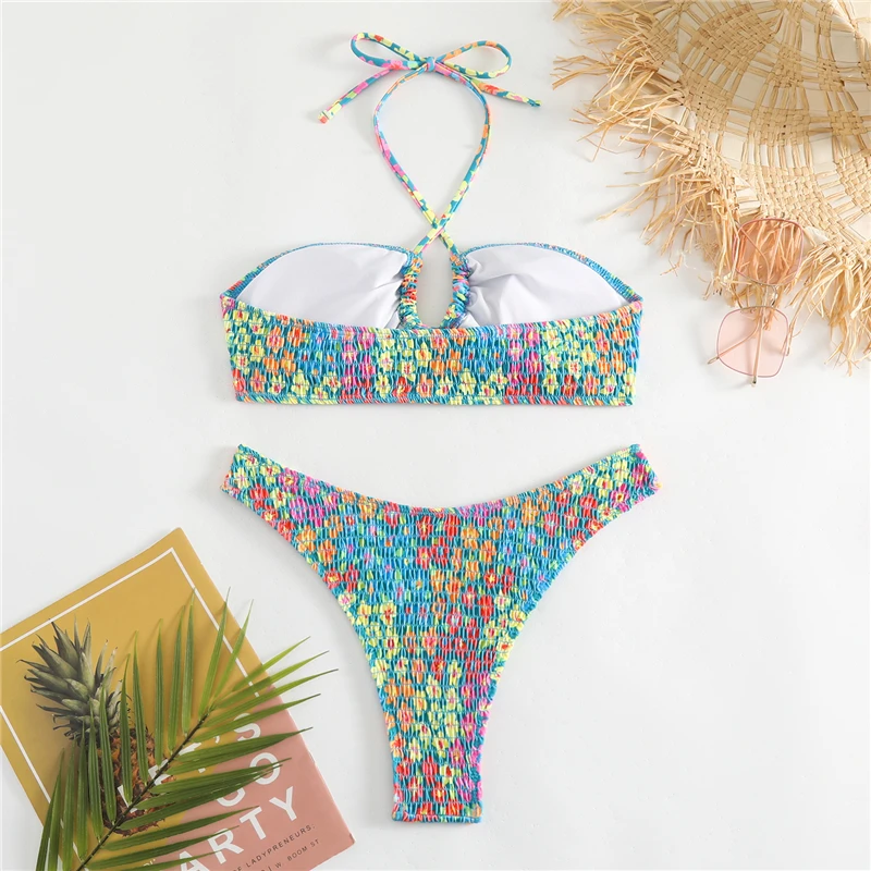 Bikini con estampado Floral para mujer, traje de baño con pliegues, ropa de playa con realce, Sexy, 2024