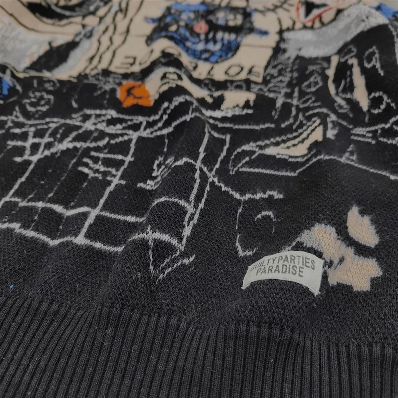 WACKO MARIA Men's Women's Cotton Vintage Hip Hop Graffiti Crew neck Sweater Winter High-end Casual Pullover Knitwear