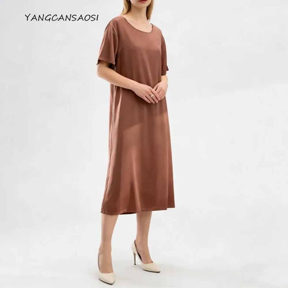 

92% Natural Mulberry Silk Elastic Double Qiao Satin, Women's Round Neck Short Sleeved Solid Color Dress, 2026 Summer New Style