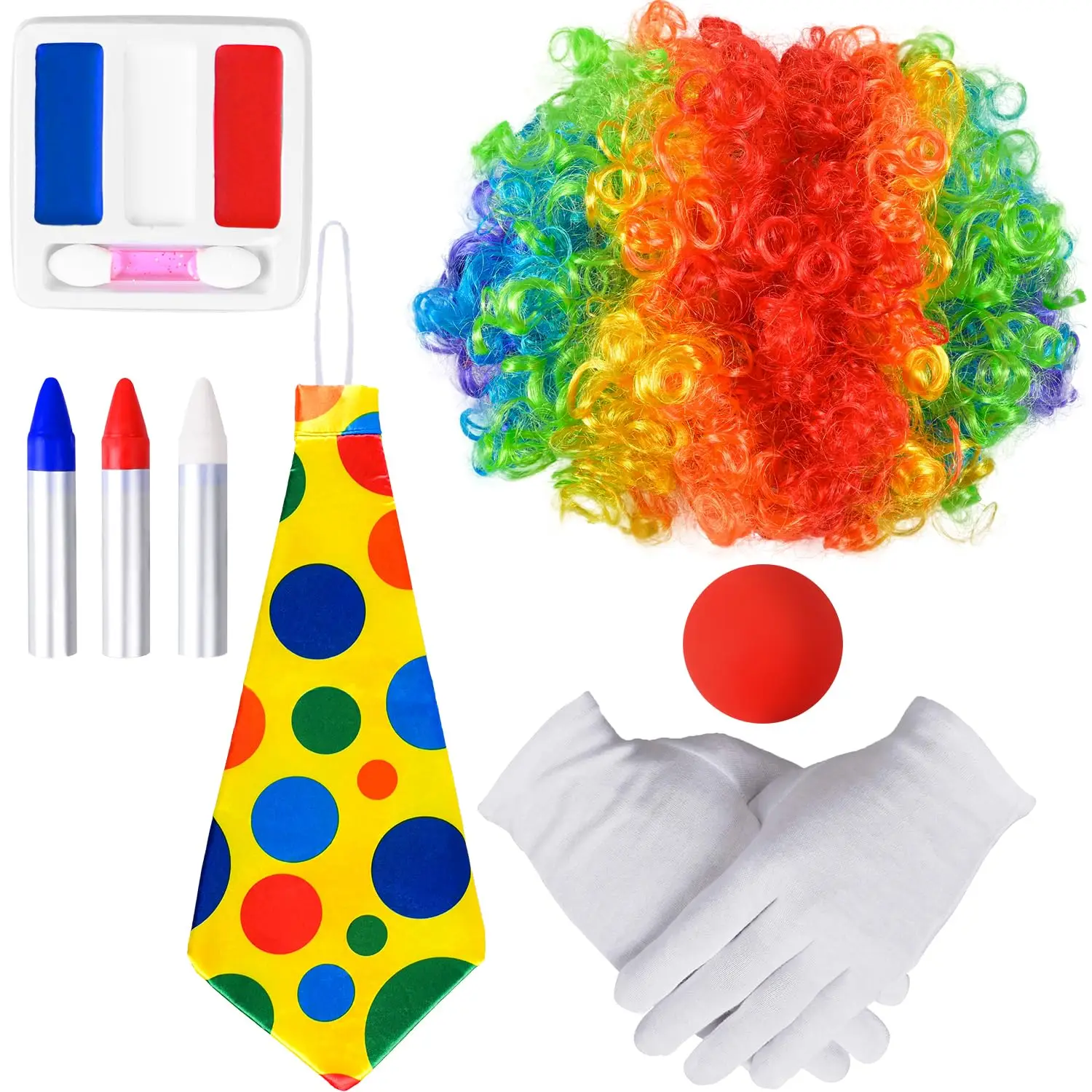 Clown Accessories Costume, Rainbow Curly Wig, Face Paints Clown Make-Up Kit, Red Nose, Colorful Tie, Gloves - Halloween Cosplay