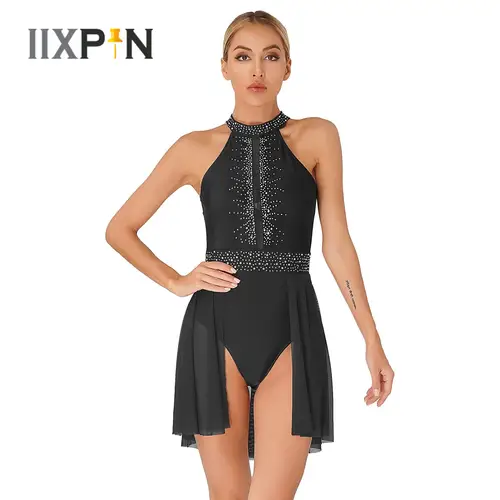 Vestido de danza lírica contemporánea para mujer, sin mangas, leotardo con diamantes de imitación brillantes, disfraz de actuación de patinaje artístico de Ballet