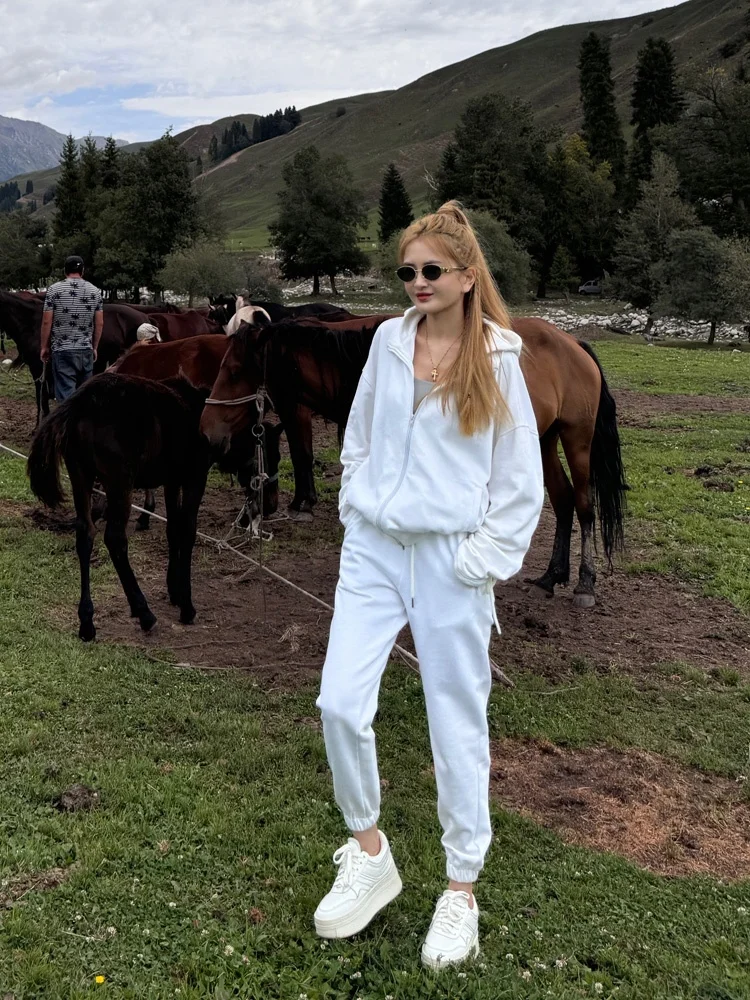 

Quali Loose Comfortable Trendy White Dstring Hoodie Pants Set Women's Faion Casual Spring Autumn Cotton Zipper Hooded