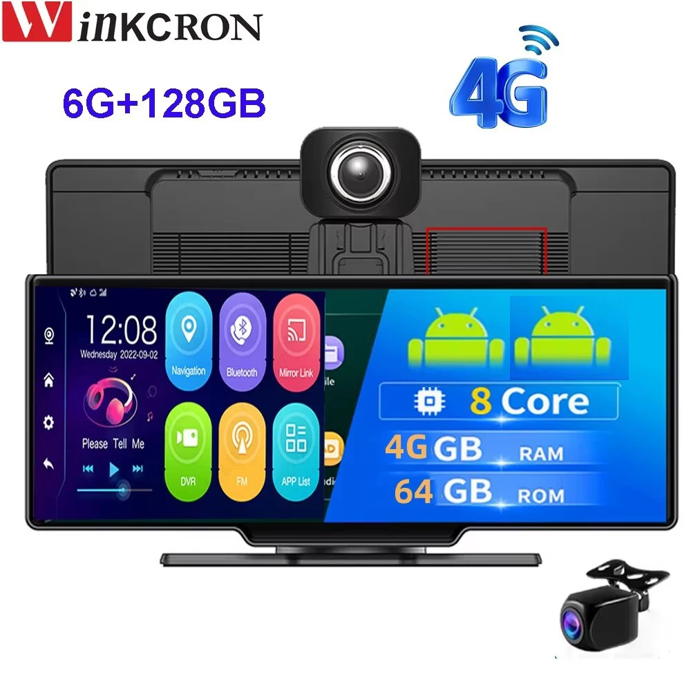 10,26 inch Auto GPS Navigatie 4G Android 12 ADAS Dashcam Recorder 4G+64GB ROM WiFi ADAS BT Dubbele Lens Nachtversie