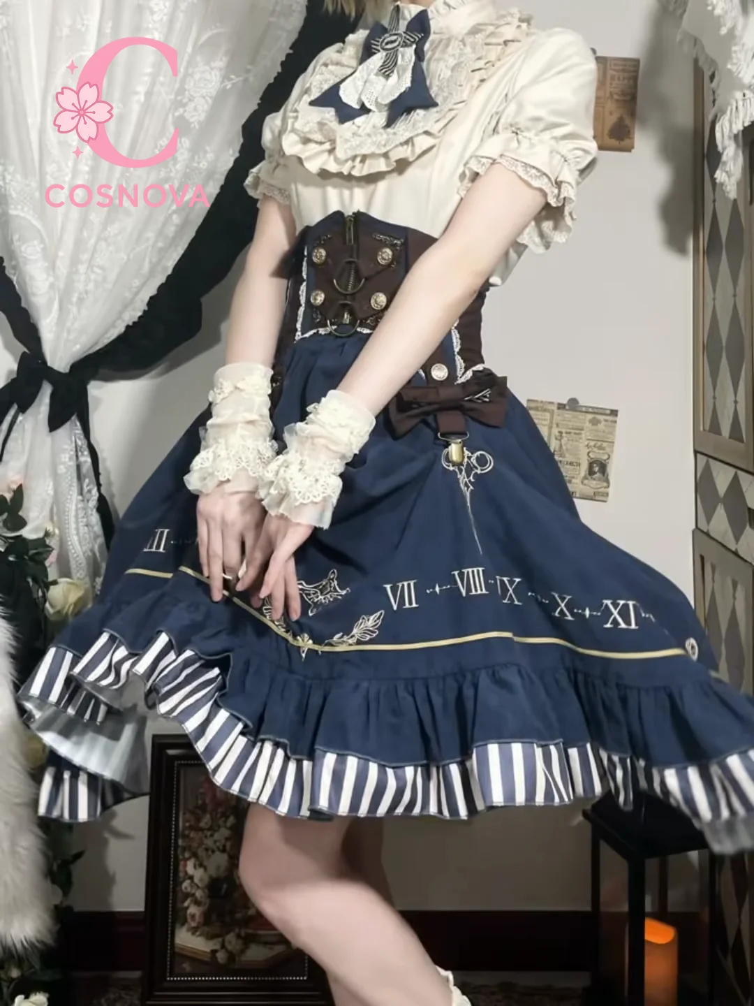 빈티지 로리타 블라우스 코르셋 스커트 세트 여성 레트로 클래식 로리타 의상 러플 레이스 하이웨이스트 시계 프린트 스트라이프 밑단 드레스