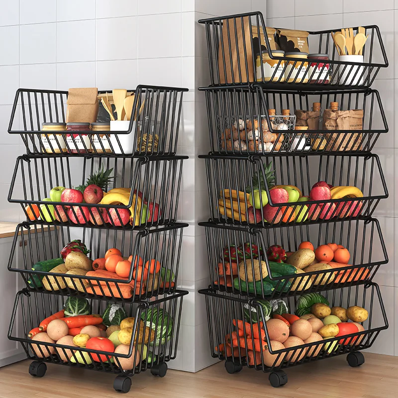 

Kitchen Multi-functional Basket Storage Rack Ground Multi-layer Fruit and Vegetable Storage Rack Movable Snack Cart