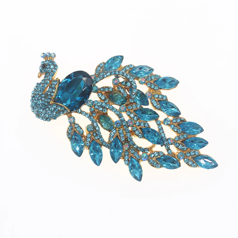 

100pcs Large Vintage Golden Plated Blue Crystal Peacock Brooch Elegant Women Jewelry Peacock Rhinestone Brooches Pins for Women