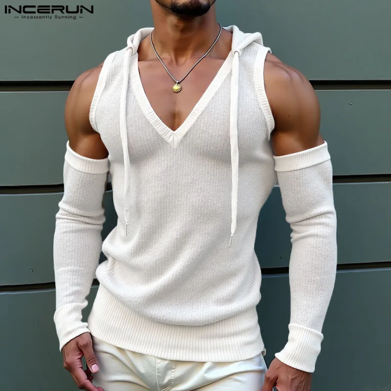INCERUN Männer T-shirt Einfarbig V-ausschnitt Mit Kapuze Off Schulter Langarm Männlich T Tops Streetwear 2025, Mode Lässig Männer Kleidung