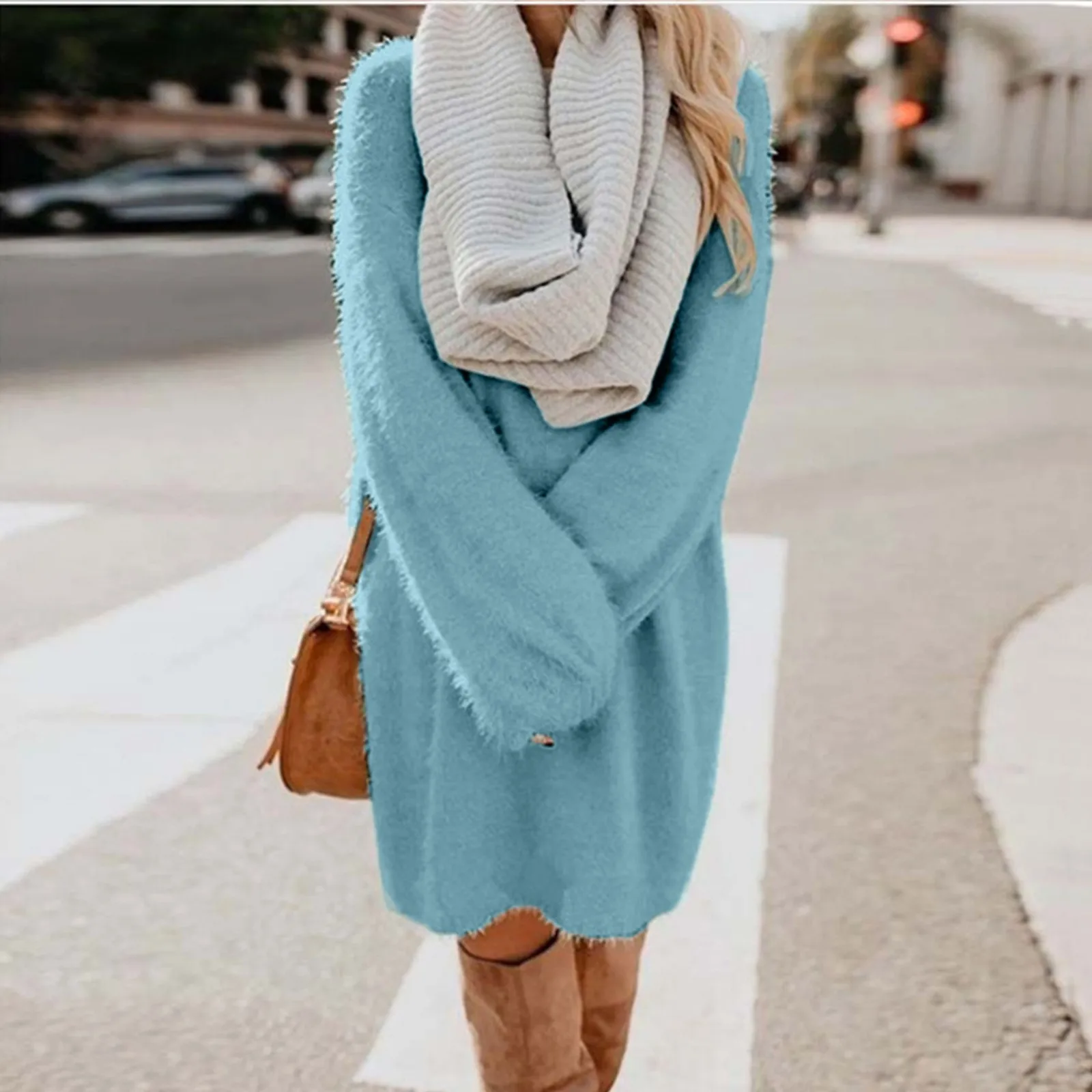 Women'S Solid Color Wool Sweater Dress Crew Neck Lantern Sleeve Fashion Knee-Length Skirt Fashion Trend Warm Casual Dresses