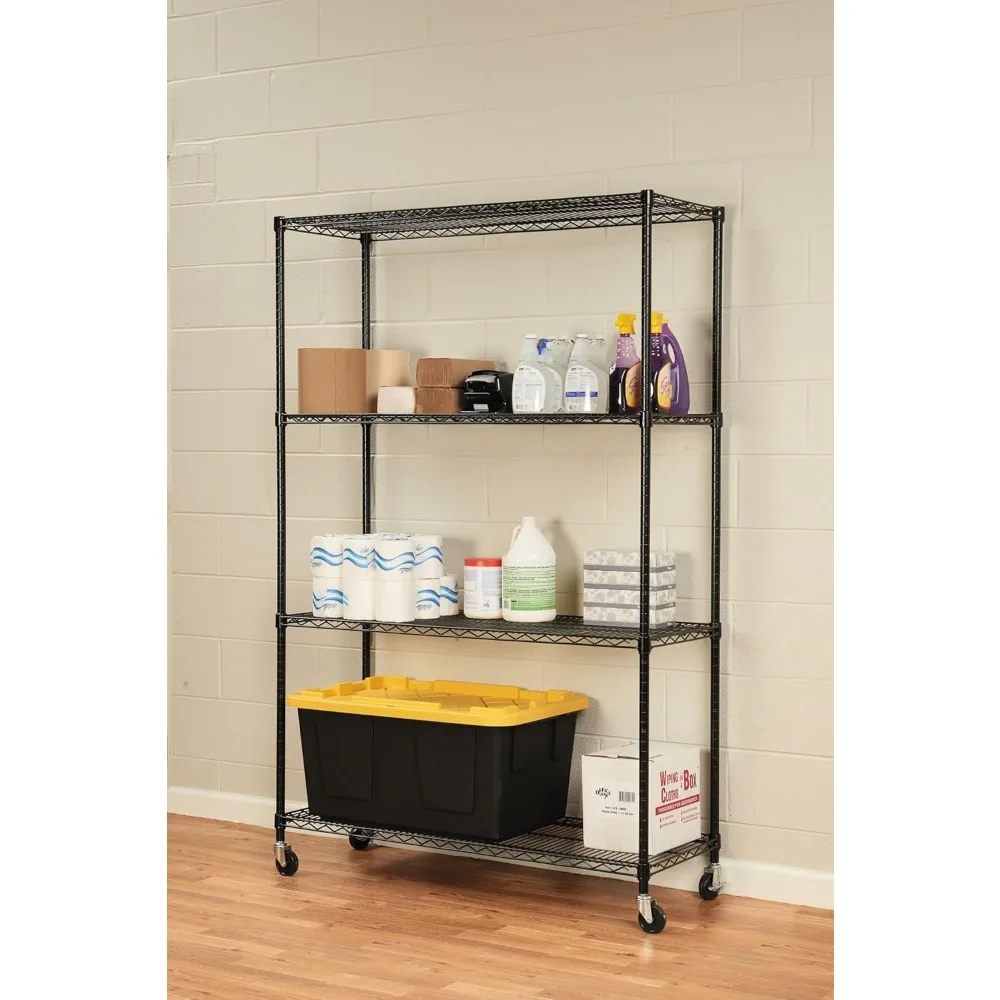 Four-Shelf Wire Shelving Unit with Casters, 48 x 18 x 72, Black, Heavy-Duty Storage Solution