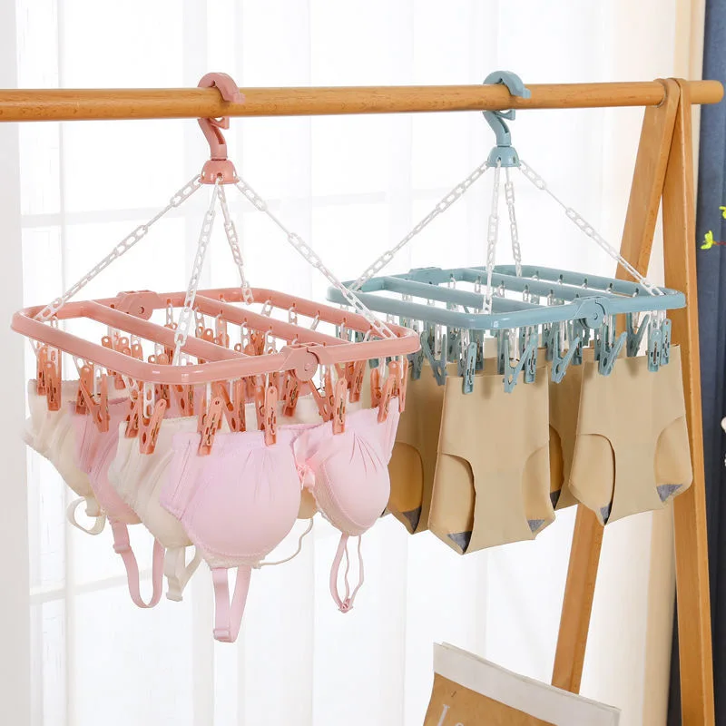 

Folding Hanging Hanger 32 Clip Multifunctional Windproof Socks' Clip Drying Rack Household Plastic Clothes Socks Drying Hanger