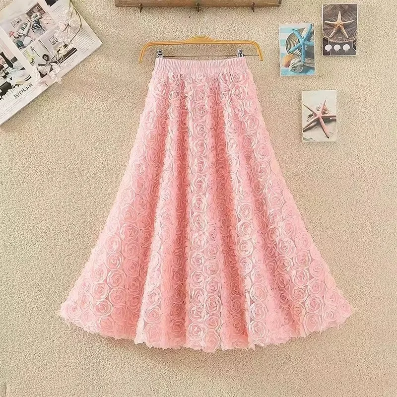 여성용 메쉬 스커트 하이웨이스트 A라인 롱 스커트 3D 장미 꽃 자수 거즈 스커트 봄 가을 웨딩 파티 비치용 w18