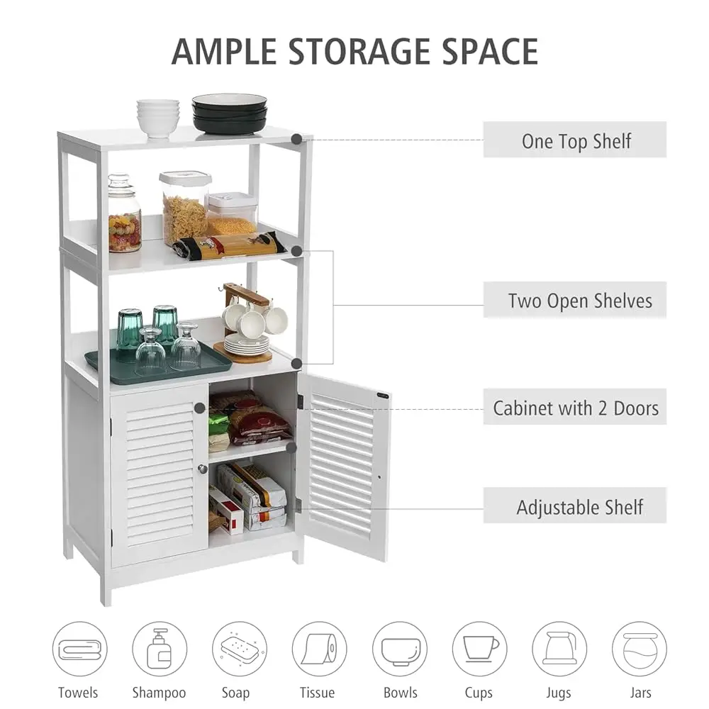 White Freestanding Multi-Purpose Cabinet With Ample Storage Space For Bathroom, Kitchen, And Living Room - Towel Storage,