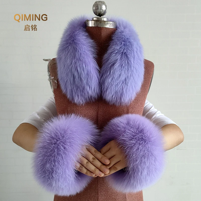 Real Fur Collar Fur Cuffs Set Winter Fox Fur Scarf Neck Warmer Women Coat Decoration Natural Scarves Luxury Thick Shawls Wraps