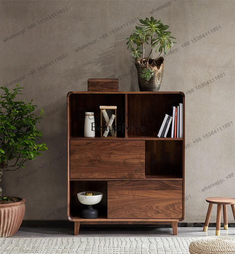 

56North America Black Walnut Wooden Bookcase Nordic Simple Solid Wood Storage Rack