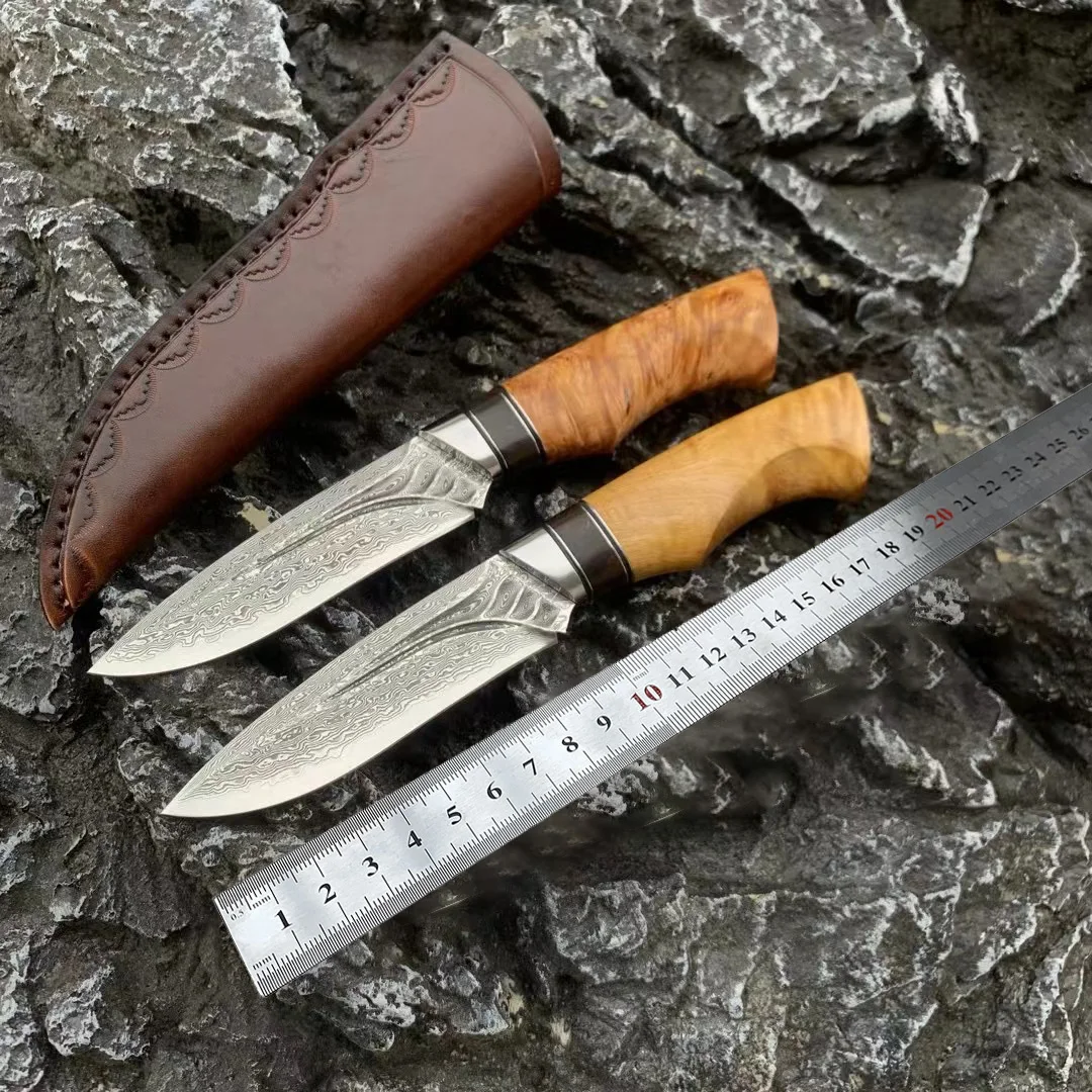 VG10 Damascus Steel Fixed Blade Knife Wooden Handle Outdoor Camping Hunting Knifes Survival Hand Tool With Leather Case