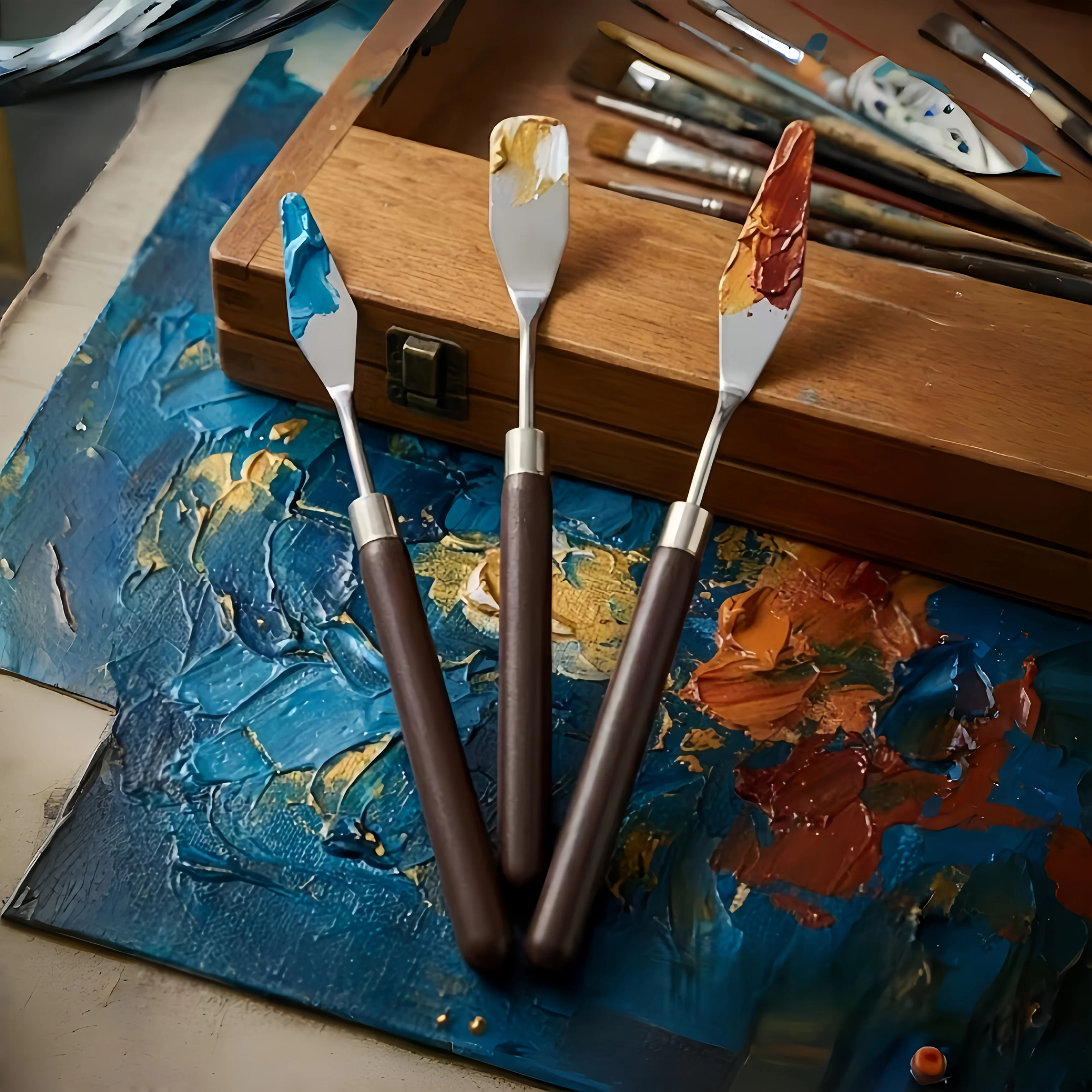 3pcs Artist Painting Spatula Kit Solid Mahogany Handle Palette Knives Thick Coating Tool for Oil Acrylic Paint Creation
