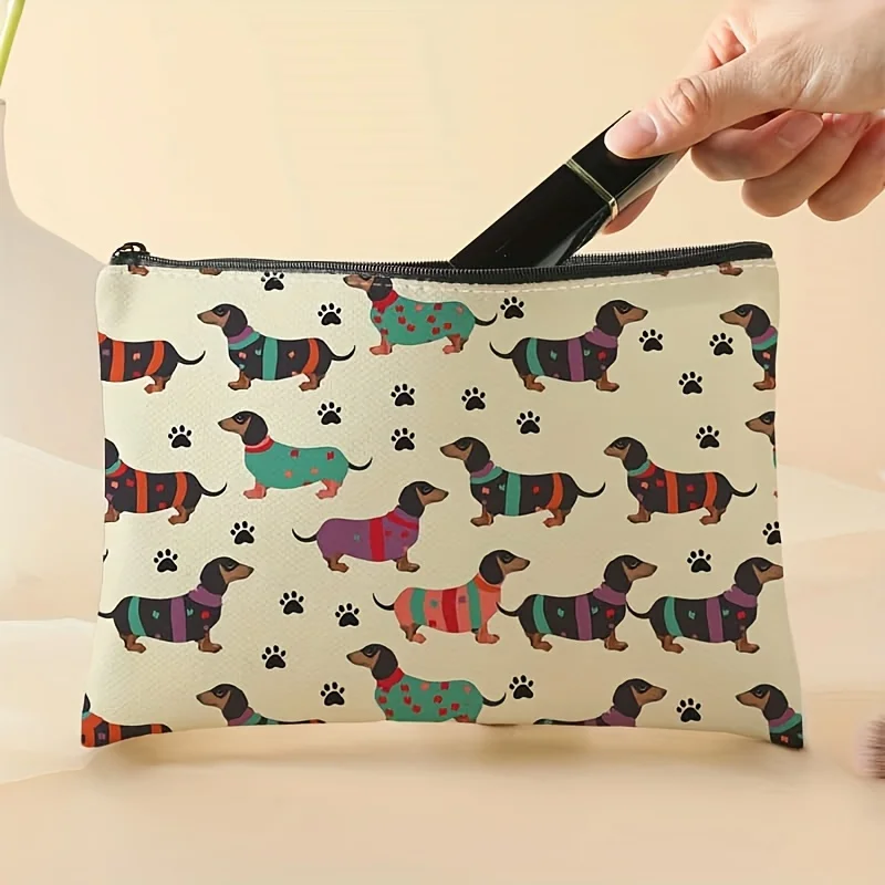 Uma bolsa de maquiagem estampada com padrão de cachorro pequeno – uma linda bolsa multifuncional com zíper para mulheres, bolsa de armazenamento de joias,
