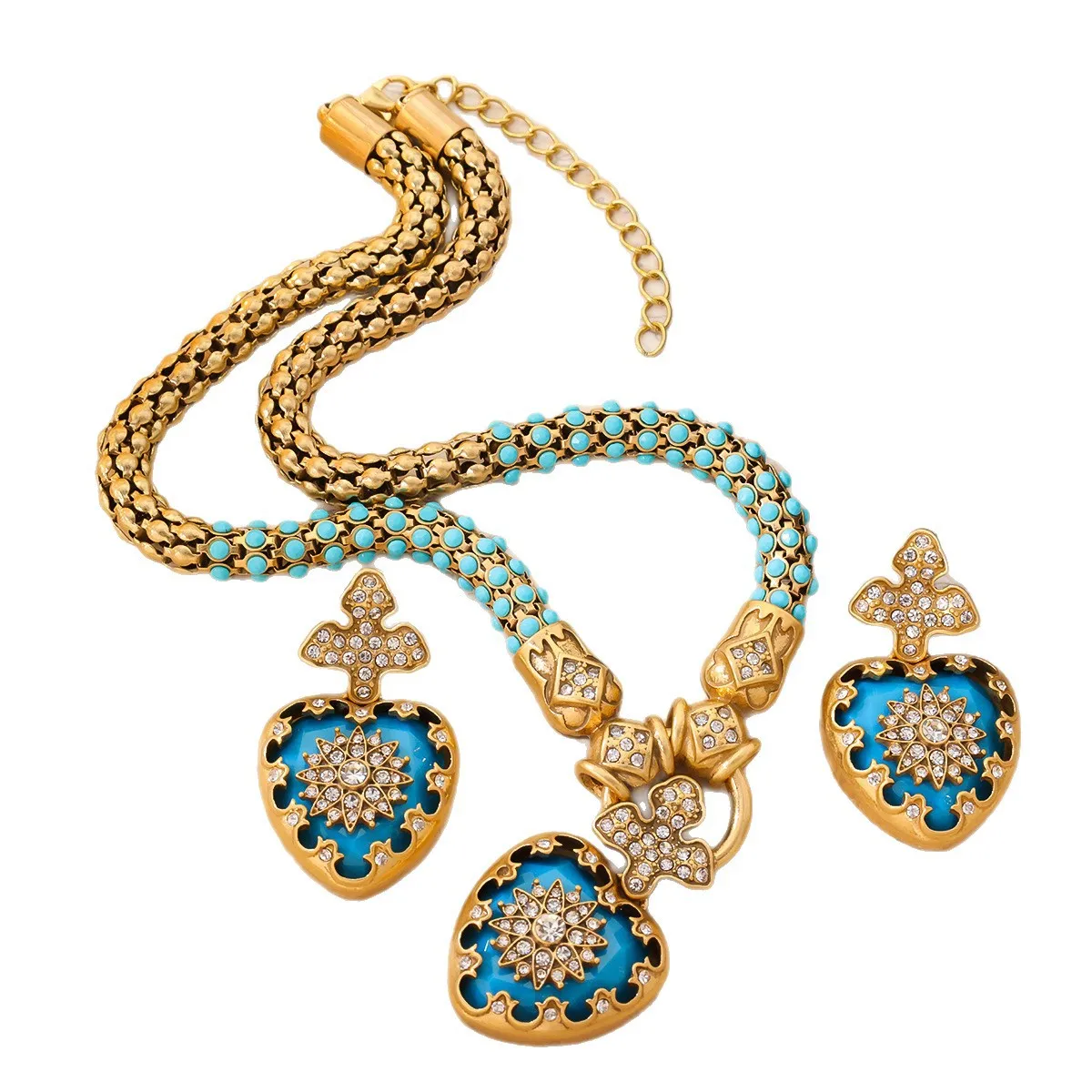 Vintage Gold Blue Enamel Heart Floral Jewelry Set, Rhinestone Inlaid Necklace And Earrings Set Women Daily Wedding Gift