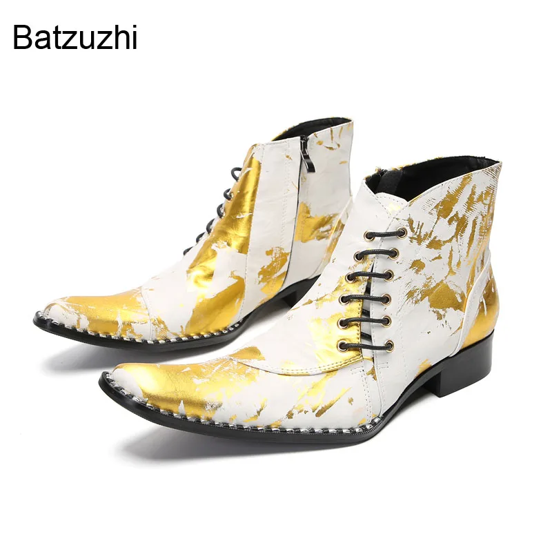 

Batzuzhi Punk Luxury Men's Boots Handmade Golden Ankle Leather Boots Men Lace-up Zip Fashion Party, Wedding Boots Man, US6-12