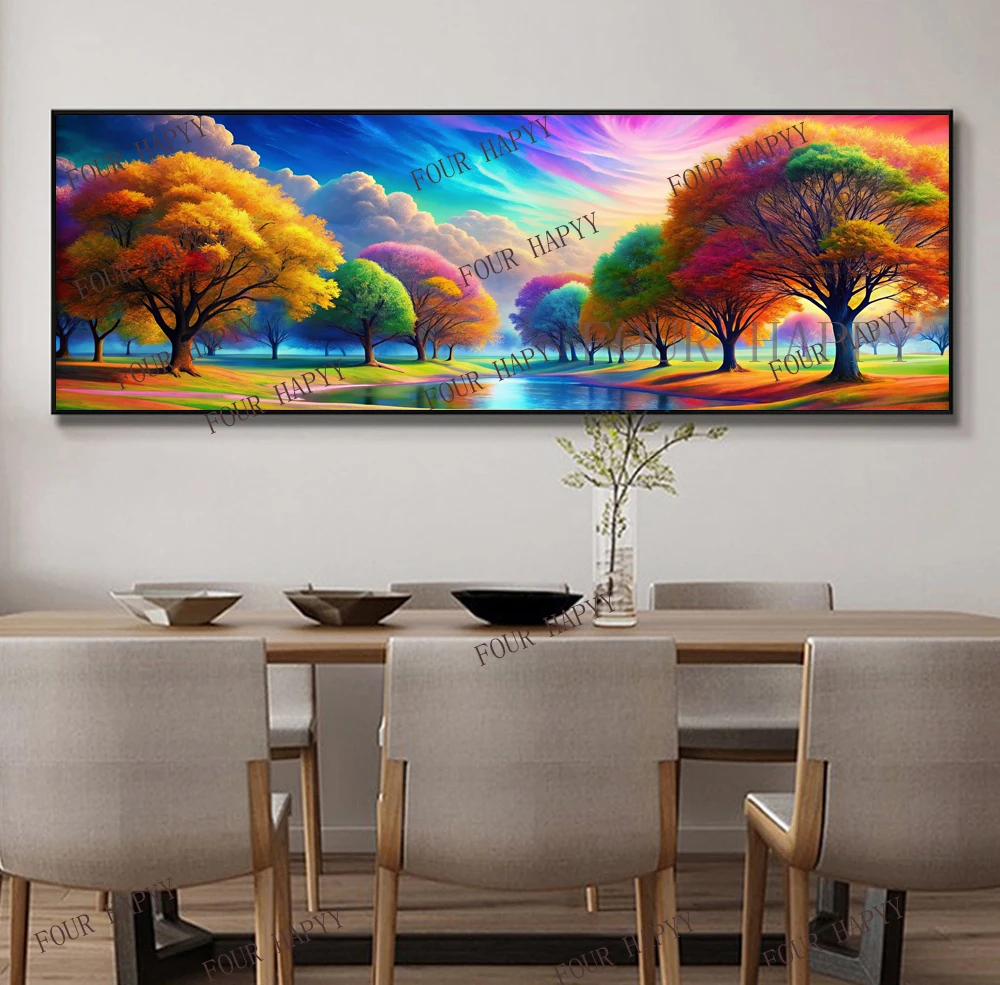 5D DIY Large Diamond Painting Cross Colorful Trees Lake Landscape Wall Art, Full Round Drill, Embroidery Home Decor