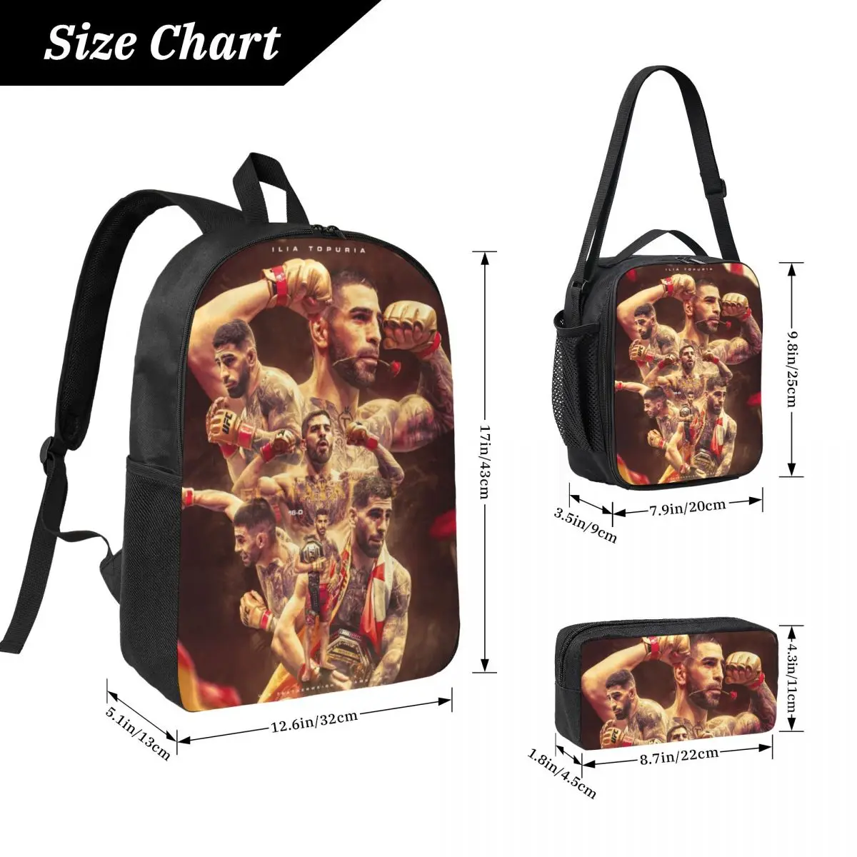 3Pcs Ilia Topuria Wrestling Wrestler Backpack Set for Boy Girl Pen Bags Bookbag Sets with Lunch Box For School Students Daypack