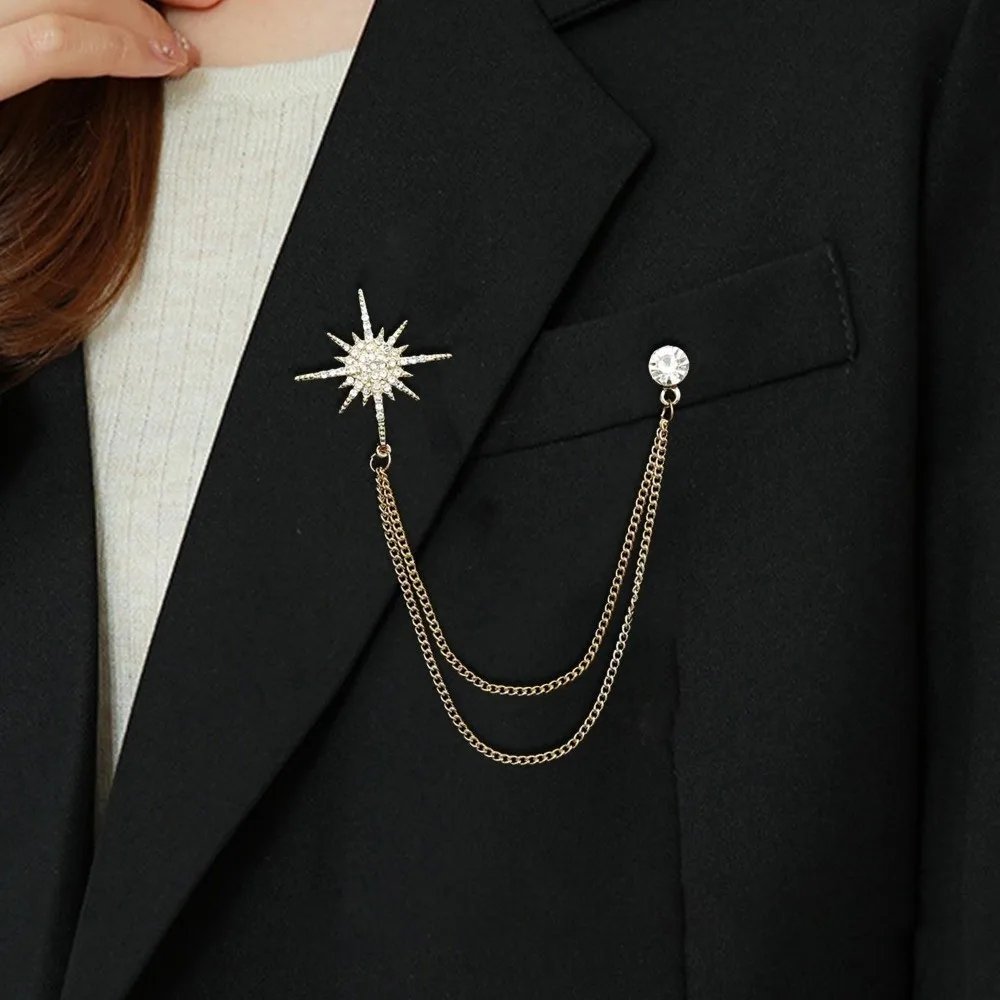 New Tassel Chain Star Rhinestone Brooches Metal Palace Style Suit Coat Pin Baroque Silver Crystal Lapel Pins Gifts
