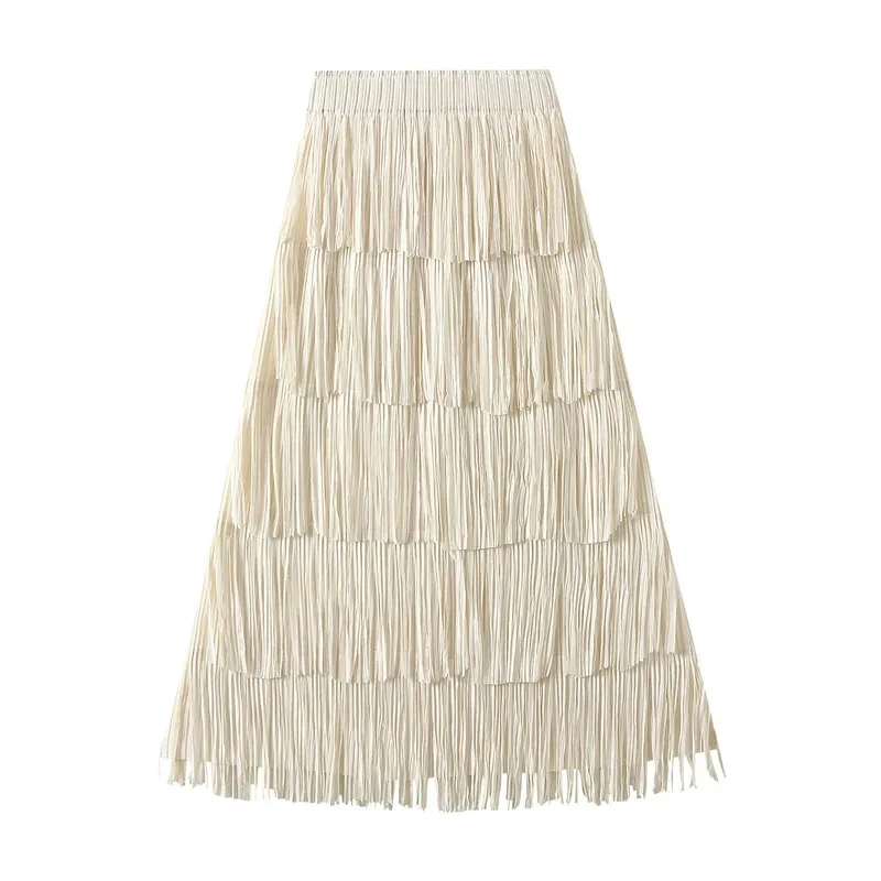 Summer Skirts Beige High-End Pleated Tassel Patchwork For Women On The Street Versatile And Slim Half Body Dance Skirt A-Line